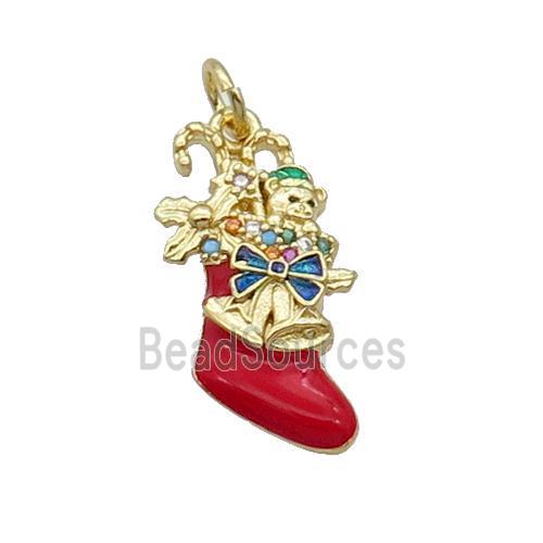 Copper Christmas Stocking Pave Zircon Red Enamel Gold Plated