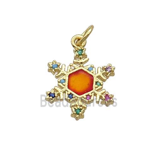 Copper Snowflake Pendant Pave Zircon Orange Enamel Gold Plated