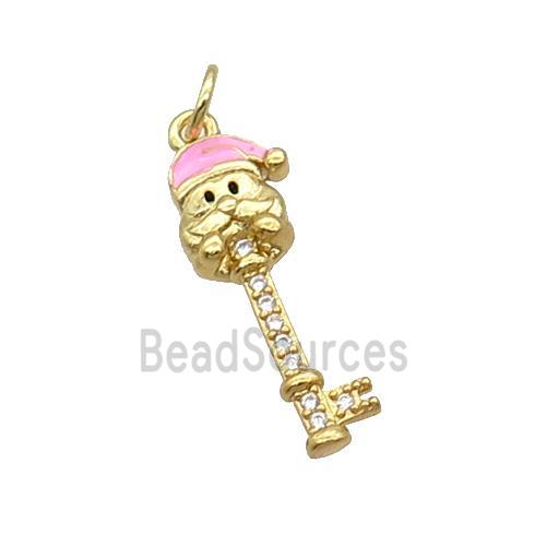 Copper Key Santa Claus Pendant Pave Zircon Pink Enamel Gold Plated