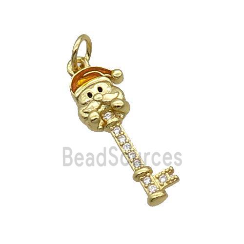 Copper Key Santa Claus Pendant Pave Zircon Orange Enamel Gold Plated