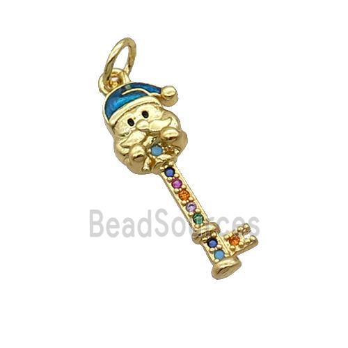 Copper Key Santa Claus Pendant Pave Zircon Blue Enamel Gold Plated