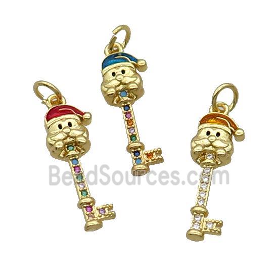 Copper Key Santa Claus Pendant Pave Zircon Enamel Gold Plated Mixed