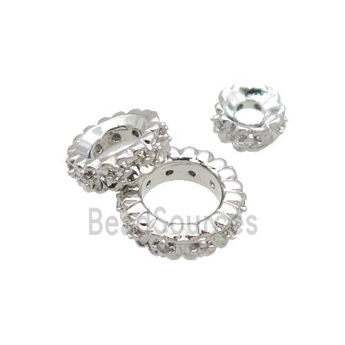 Copper Rondelle Beads Pave Zircon Large Hole Platinum Plated