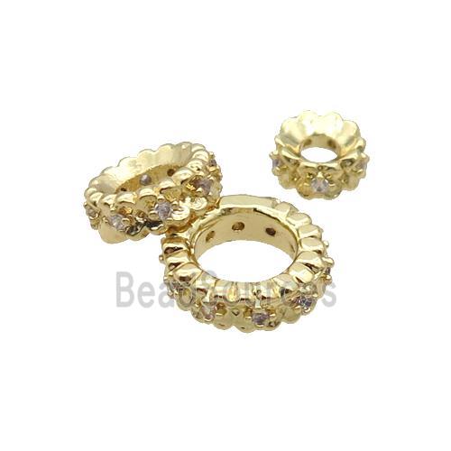 Copper Rondelle Beads Pave Zircon Large Hole Gold Plated