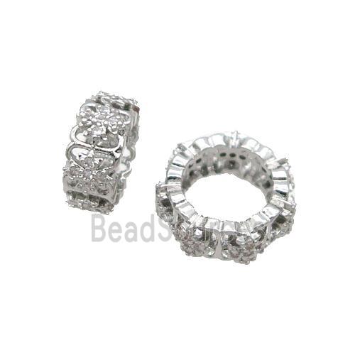 Copper Rondelle Beads Pave Zircon Large Hole Platinum Plated