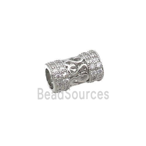 Copper Tube Beads Pave Zircon Large Hole Platinum Plated