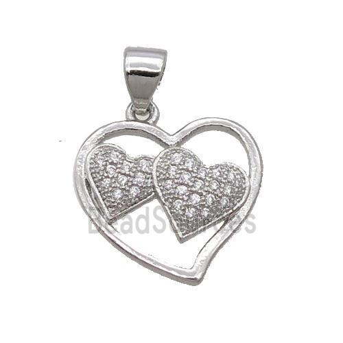 Copper Heart Pendant Pave Zircon Platinum Plated