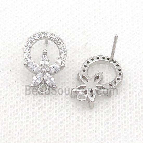 Copper Stud Earring Pave Zircon Flower Platinum Plated