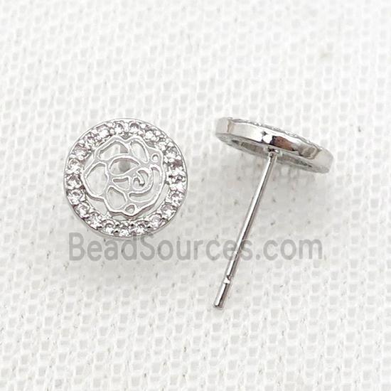 Copper Stud Earring Pave Zircon Flower Platinum Plated