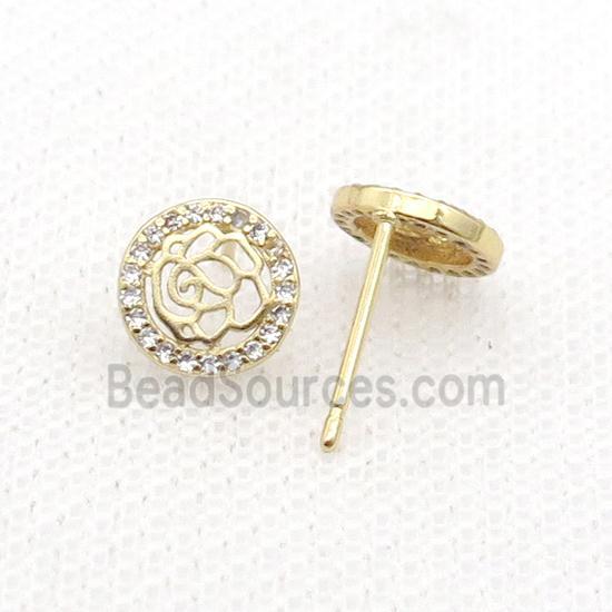 Copper Stud Earring Pave Zircon Flower Gold Plated