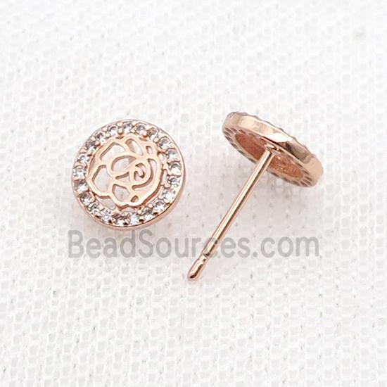 Copper Stud Earring Pave Zircon Flower Rose Gold