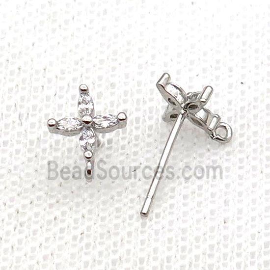 Copper Stud Earring Pave Zircon Cross Platinum Plated