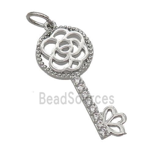 Copper Key Pendant Pave Zircon Platinum Plated