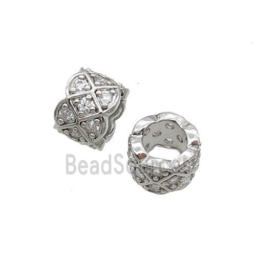 Copper Tube Beads Pave Zircon Large Hole Platinum Plated