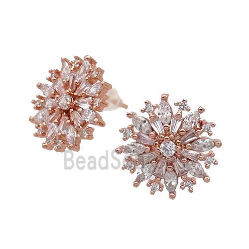 Copper Flower Stud Earring Pave Zircon Rose Gold