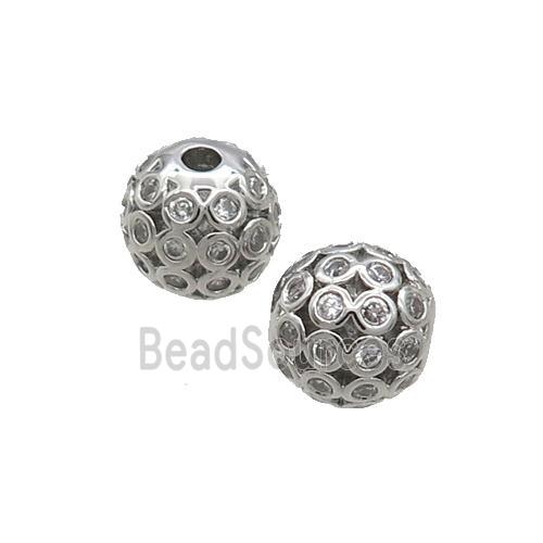 Copper Round Beads Pave Zircon Hollow Platinum Plated