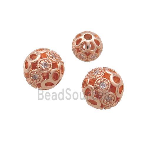 Copper Round Beads Pave Zircon Hollow Rose Gold