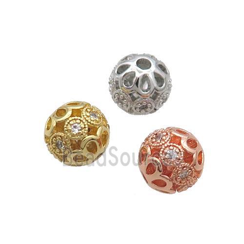 Copper Round Beads Pave Zircon Hollow Mixed