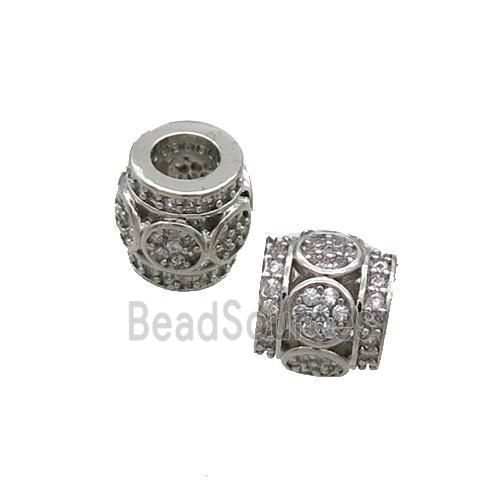 Copper Tube Beads Pave Zircon Large Hole Platinum Plated