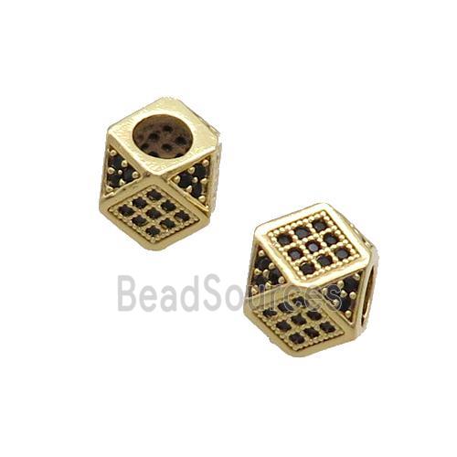 Copper Cube Beads Pave Black Zircon Large Hole Gold Plated