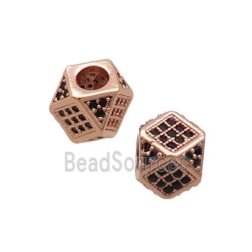 Copper Cube Beads Pave Black Zircon Large Hole Rose Gold