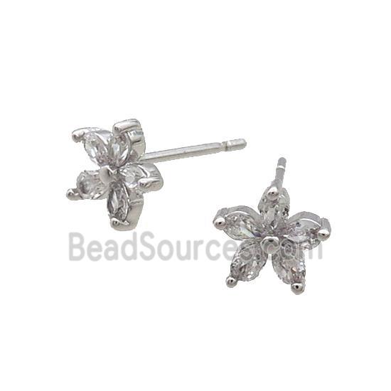 Copper Stud Earring Pave Zircon Flower Platinum Plated