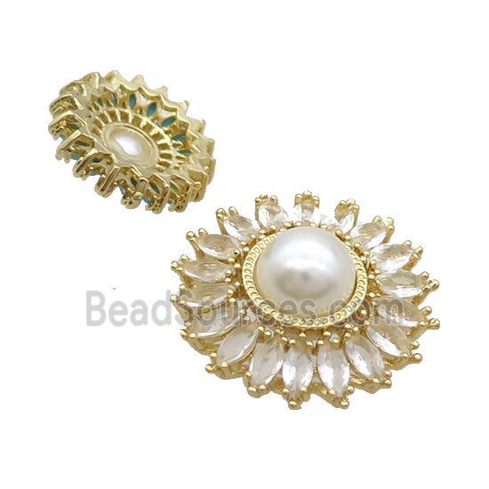 Copper Beads Pave Zircon Flower Glass Pearlized Gold Plated