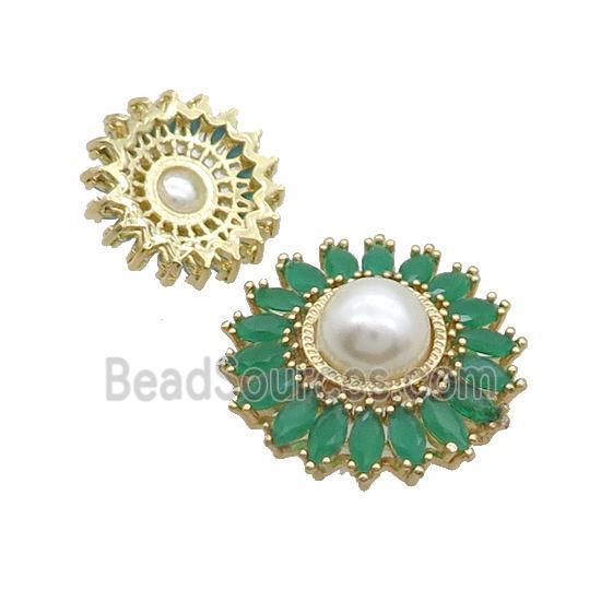 Copper Beads Pave Zircon Green Flower Glass Pearlized Gold Plated