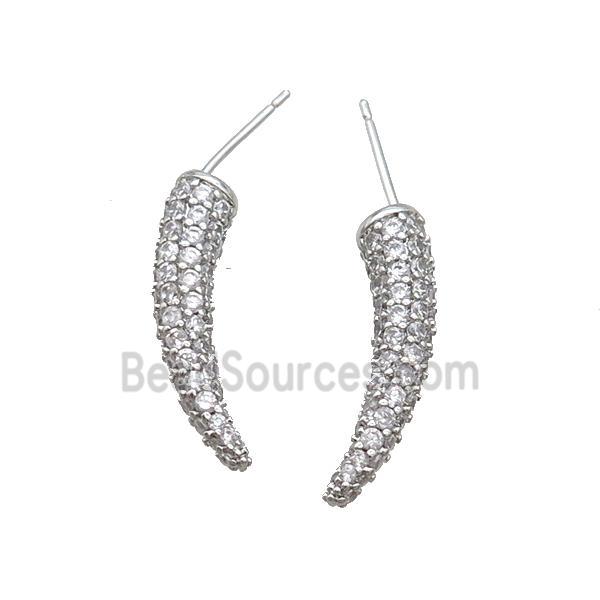 Copper Horn Stud Earring Pave Zircon Platinum Plated