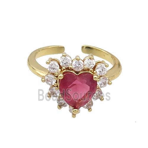 Copper Ring Pave Zircon Red Crystal Heart Gold Plated