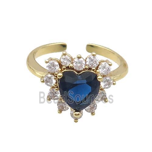 Copper Ring Pave Zircon Blue Crystal Heart Gold Plated