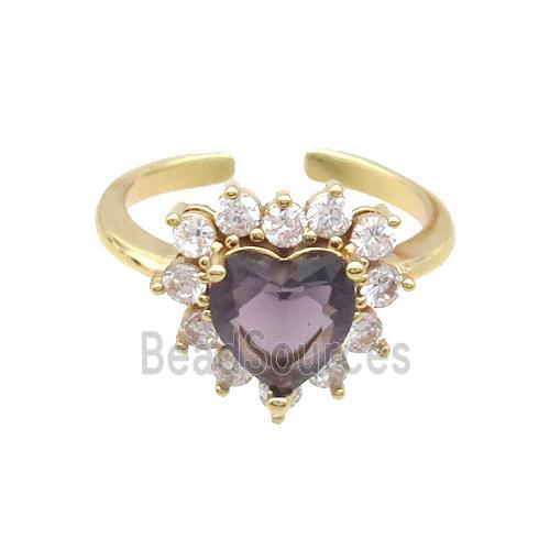 Copper Ring Pave Zircon Purple Crystal Heart Gold Plated