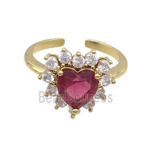 Copper Ring Pave Zircon Red Crystal Heart Gold Plated