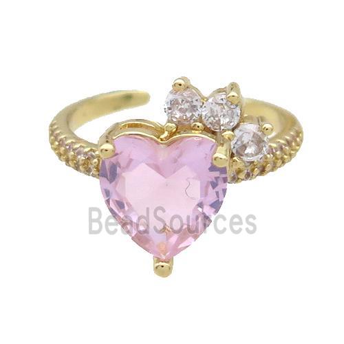 Copper Ring Pave Zircon Pink Crystal Heart Gold Plated