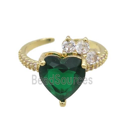 Copper Ring Pave Zircon Green Crystal Heart Gold Plated