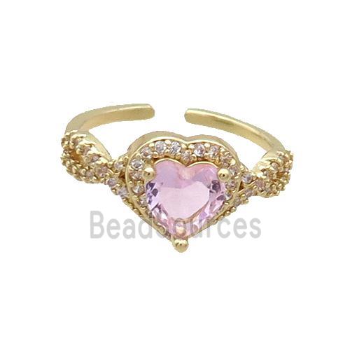 Copper Ring Pave Zircon Pink Crystal Heart Gold Plated