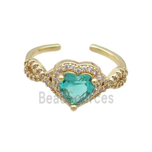 Copper Ring Pave Zircon Green Crystal Heart Gold Plated