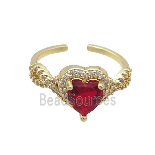 Copper Ring Pave Zircon Red Crystal Heart Gold Plated