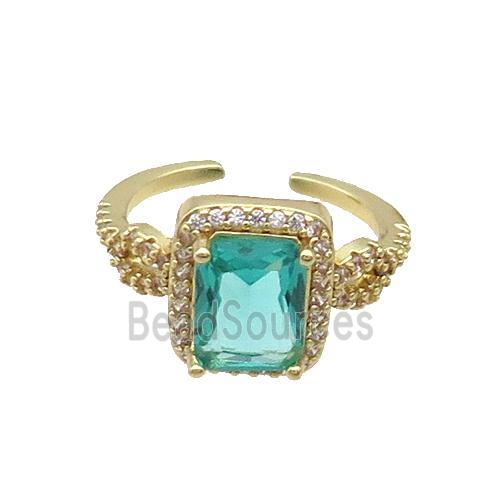 Copper Ring Pave Zircon Green Crystal Rectangle Gold Plated