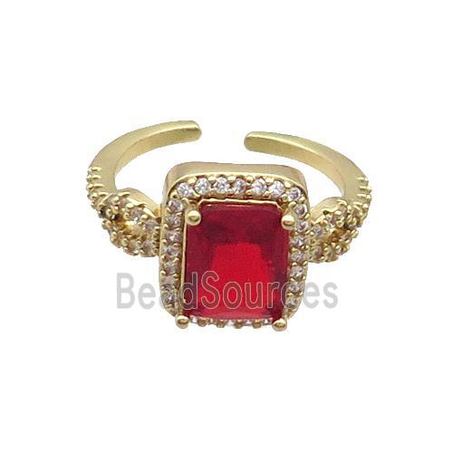 Copper Ring Pave Zircon Red Crystal Rectangle Gold Plated