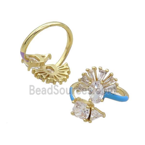 Copper Ring Pave Zircon Clear Crystal Blue Enamel Gold Plated