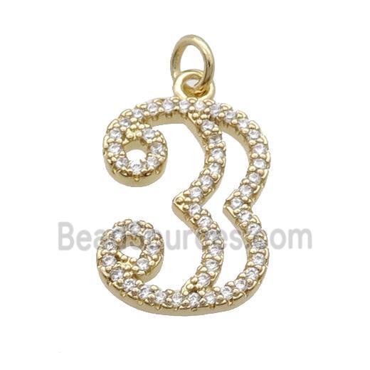 Copper Number-3 Pendant Pave Zircon Gold Plated