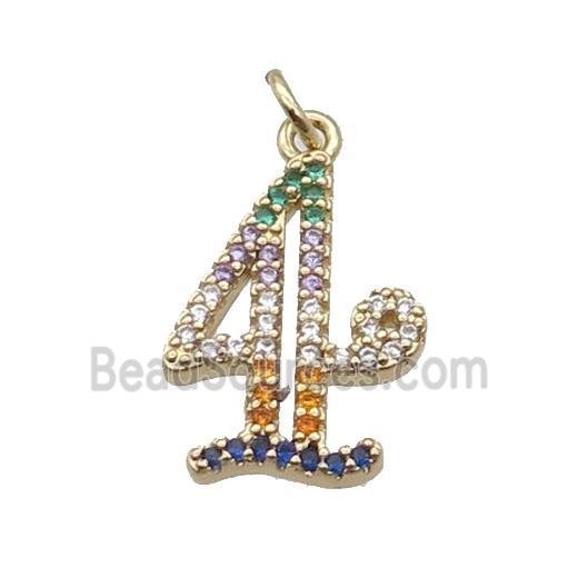 Copper Number-4 Pendant Pave Zircon Gold Plated