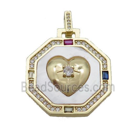 Copper Octagon Heart Pendant Pave Zircon Shell Gold Plated