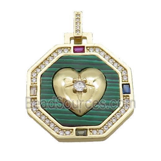 Copper Octagon Heart Pendant Pave Zircon Malachite Gold Plated