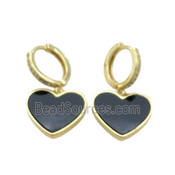 Copper Hoop Earring Pave Zircon Black Agate Heart Gold Plated