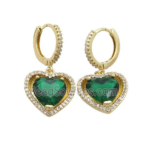 Copper Hoop Earring Pave Green Crystal Heart Gold Plated