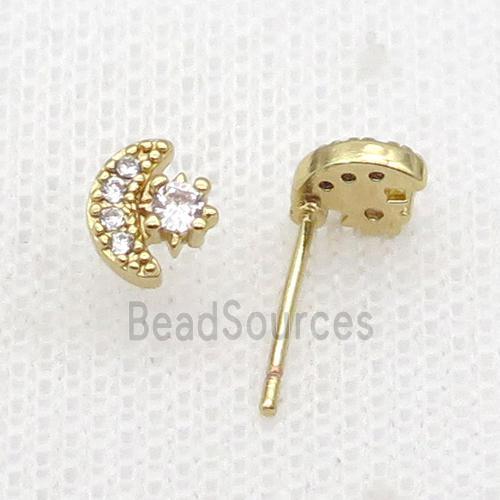 Copper Stud Earring Pave Zircon Moon Gold Plated