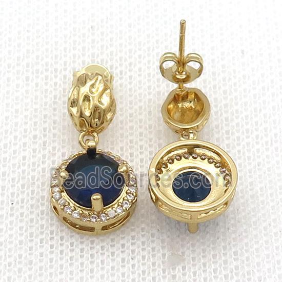 Copper Stud Earring Pave Zircon Blue Crystal Gold Plated