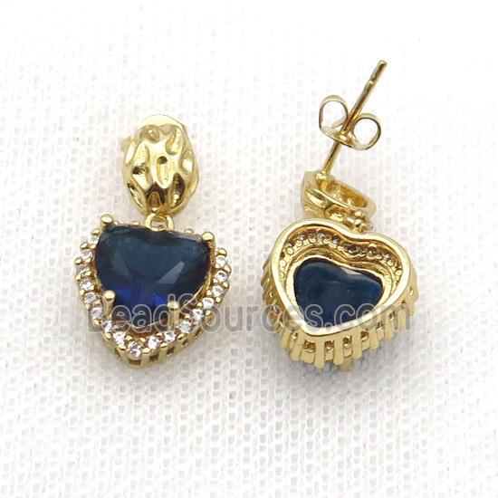 Copper Stud Earring Pave Zircon Blue Crystal Heart Gold Plated